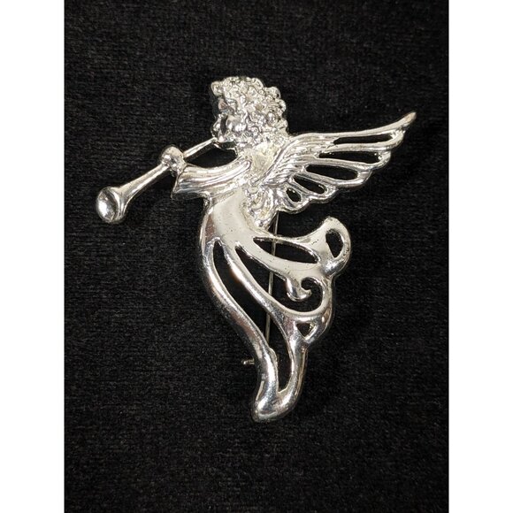Vintage Signed SFJ Silver Tone Angel Trumpet Open Work Pin Brooch - Picture 1 of 6